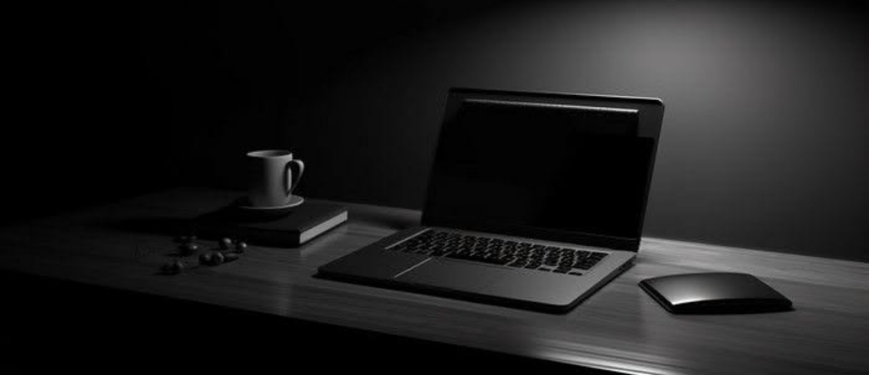 Postazione di lavoro con laptop in ambiente scuro e minimale