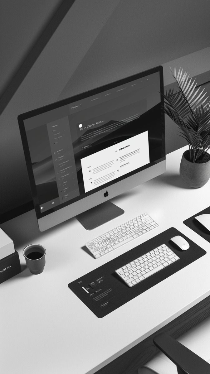 Postazione di lavoro con monitor che mostra un’interfaccia web, concept di sviluppo sito e funnel di vendita.